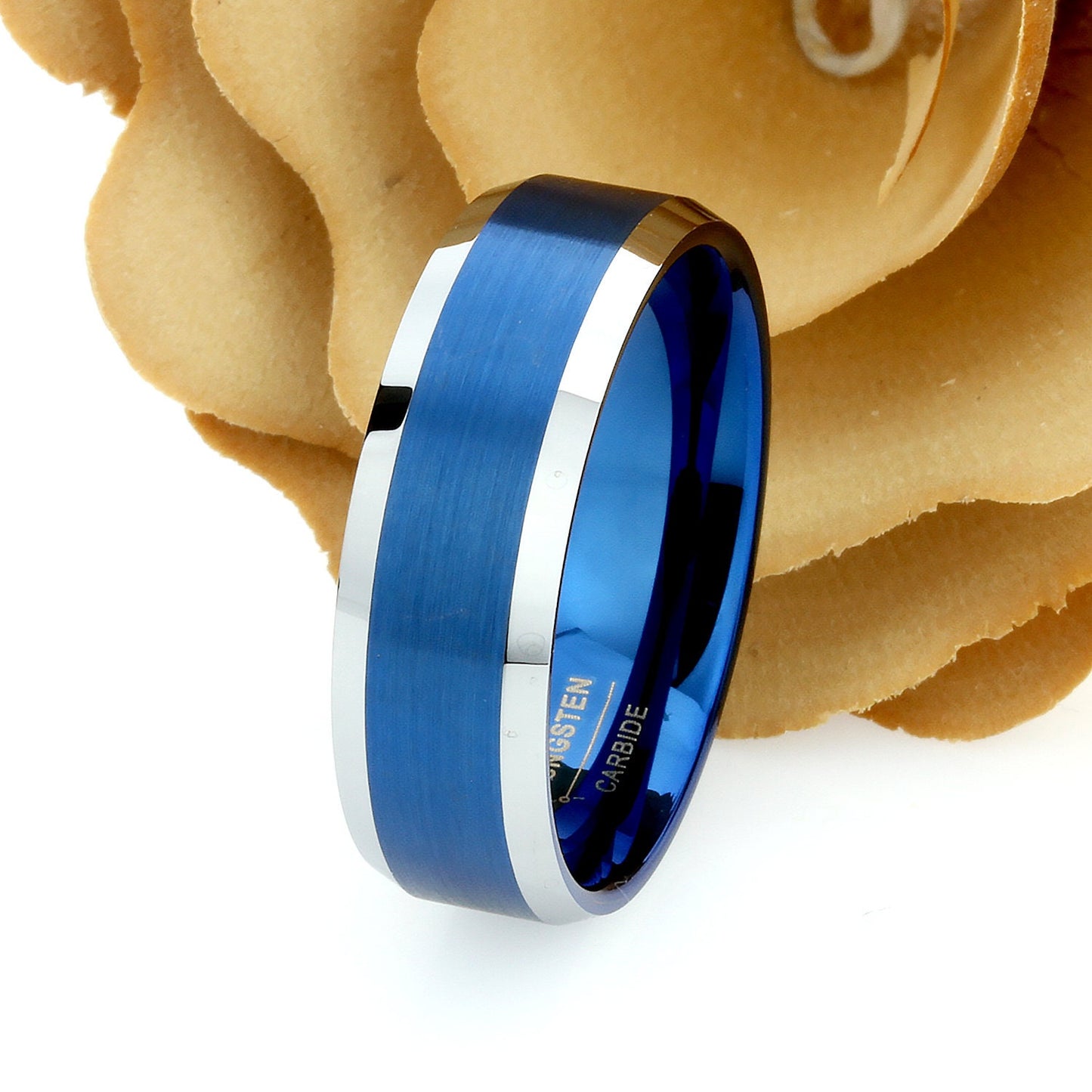 His And Hers Tungsten Wedding Band Set,Men & Women,8mm,6mm,Blue Beveled Ring,Blue Tungsten Carbide Ring, Promise Ring For Couple