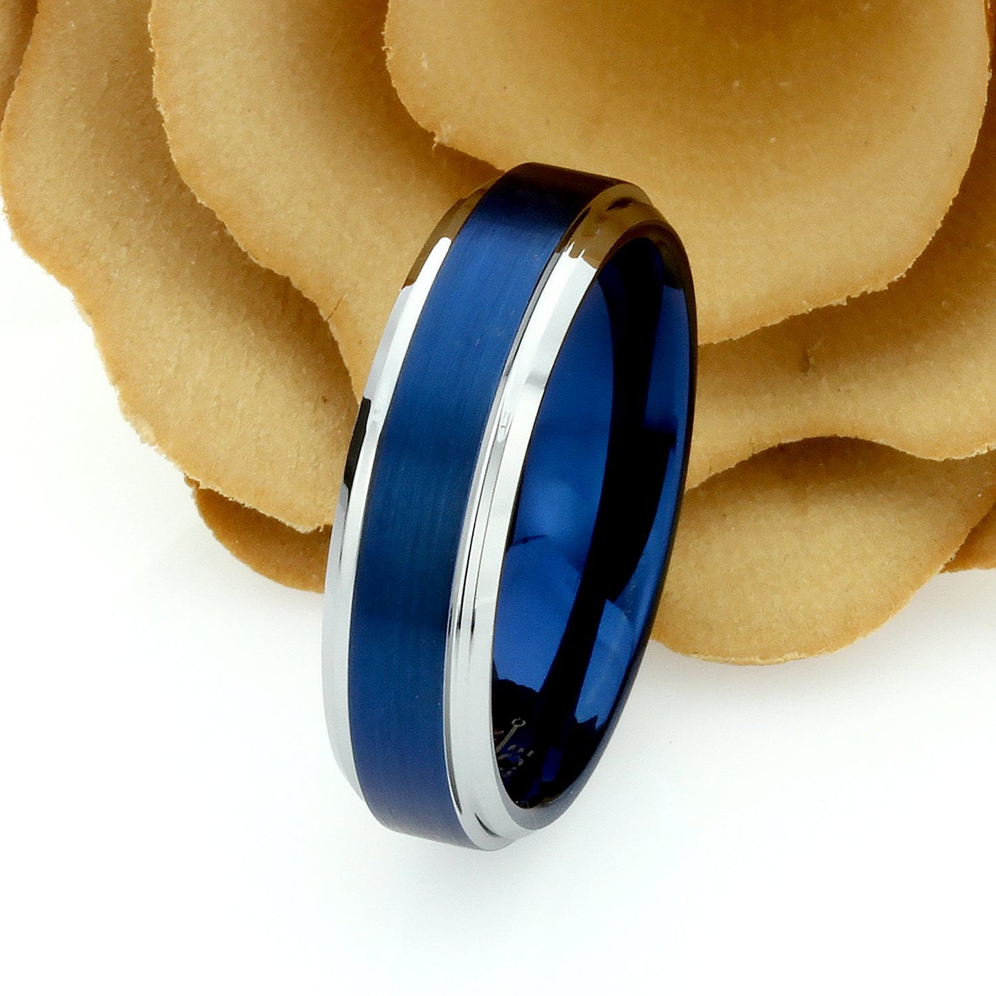 His And Hers Tungsten Wedding Band Set,Men & Women,8mm,6mm,Blue Beveled Ring,Blue Tungsten Carbide Ring, Promise Ring For Couple, Wood Box