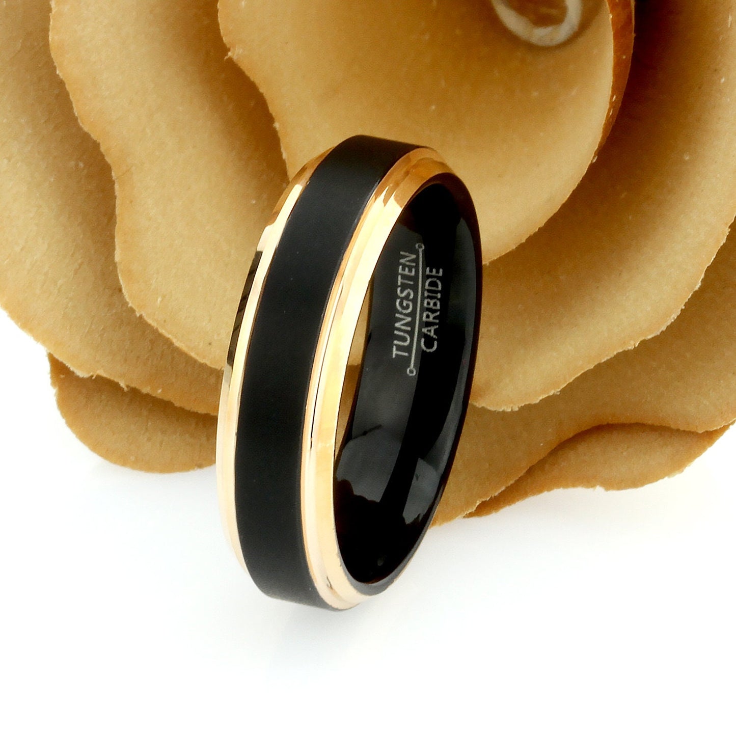 His And Hers Tungsten Wedding Band Set,8mm,6mm,Black & Rose Gold Tone Edges,Tungsten Carbide Ring, Promise Ring For Couple, Wood Box