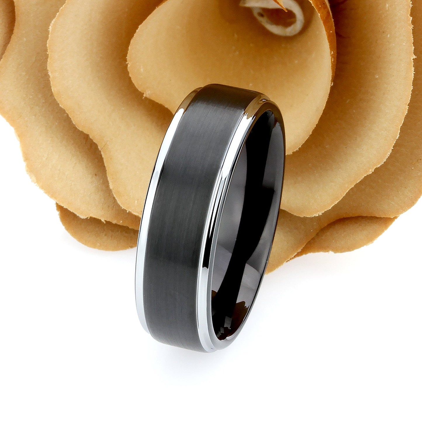 His And Hers Tungsten Wedding Band Set,Men & Women,8mm,6mm,Matte Black Top,Black Tungsten Carbide Ring, Promise Ring For Couple, Wood Box