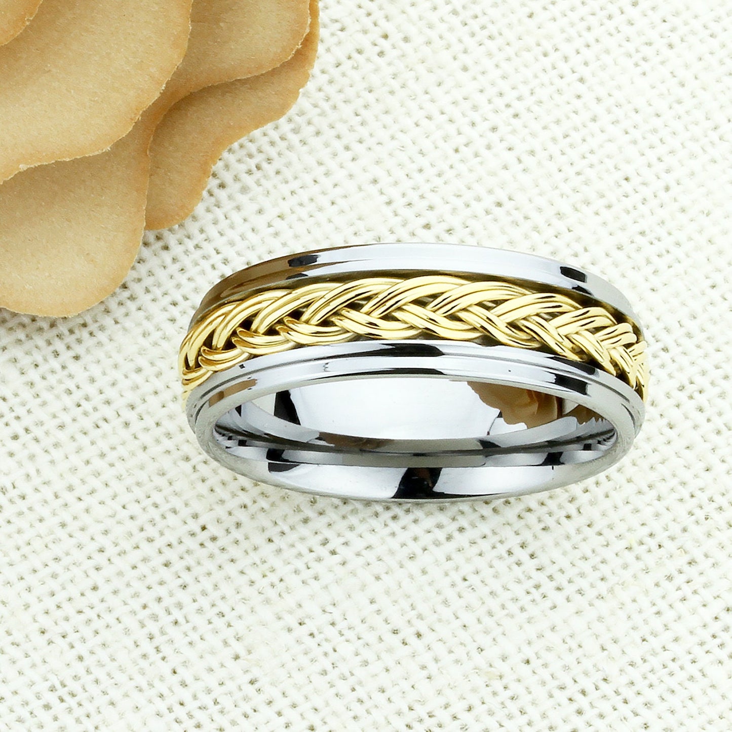 Mens Wedding Band Tungsten,Mens Tungsten Ring,8mm,Gold Plated Braided Inlay,Engagement Ring,Promise Ring, Rings for Men, Husband Gift