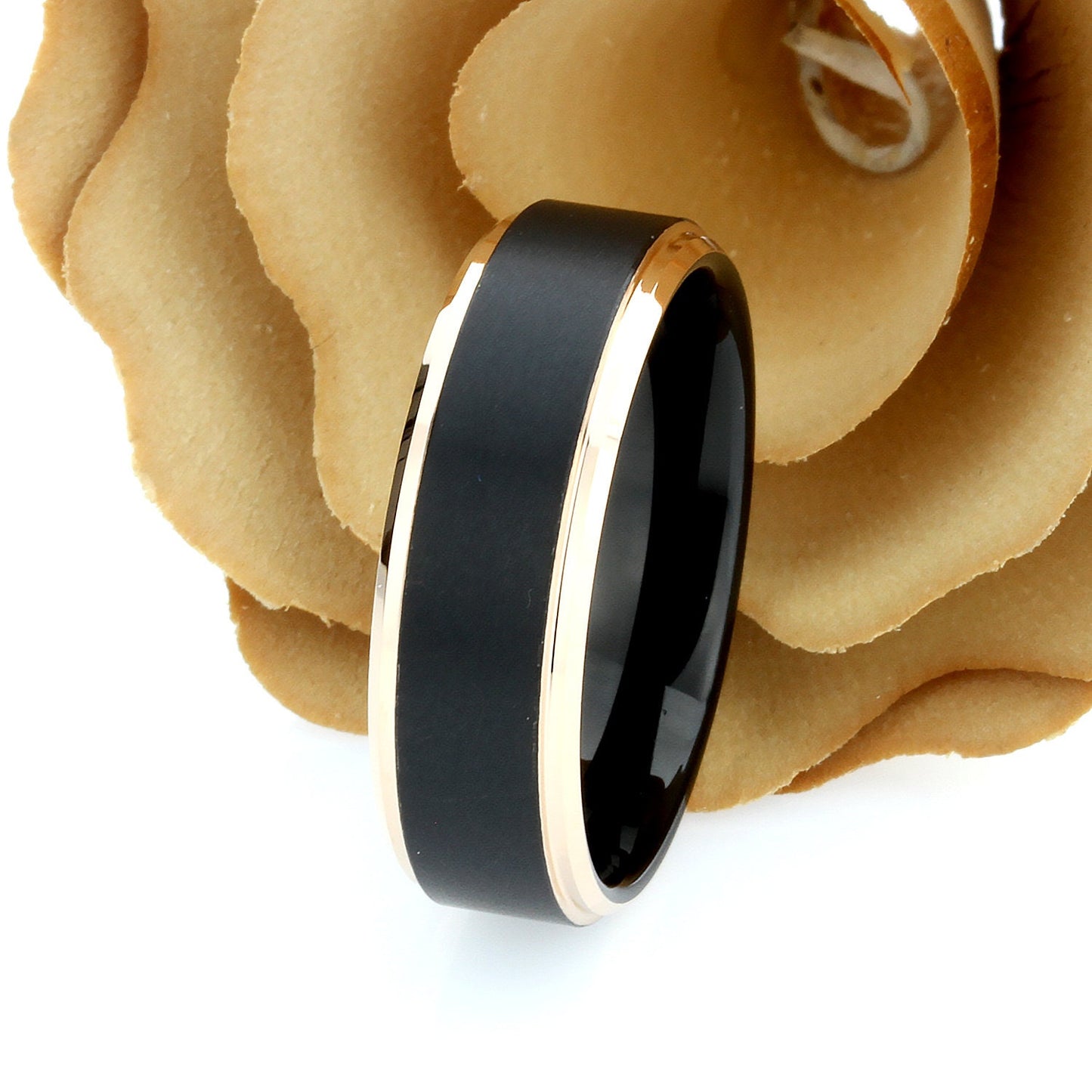 His And Hers Tungsten Wedding Band Set,8mm,6mm,Black & Rose Gold Tone Edges,Tungsten Carbide Ring, Promise Ring For Couple, Wood Box