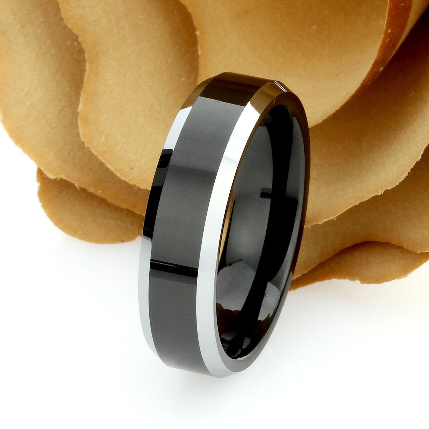 His And Hers Tungsten Wedding Band Set,Men & Women,8mm,6mm,Polished Black Top,Black Tungsten Carbide Ring, Promise Ring For Couple