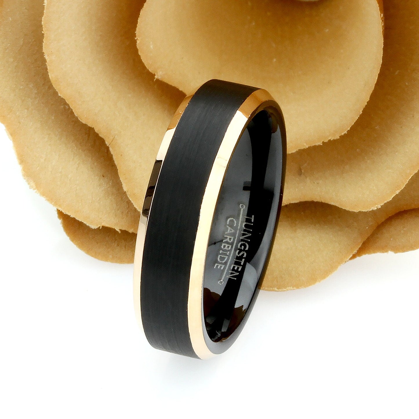 Tungsten Ring, Men's Tungsten Wedding Band, Women's Black Wedding Band Rose Gold Edges, Black Tungsten Ring, Anniversary Ring, 6mm