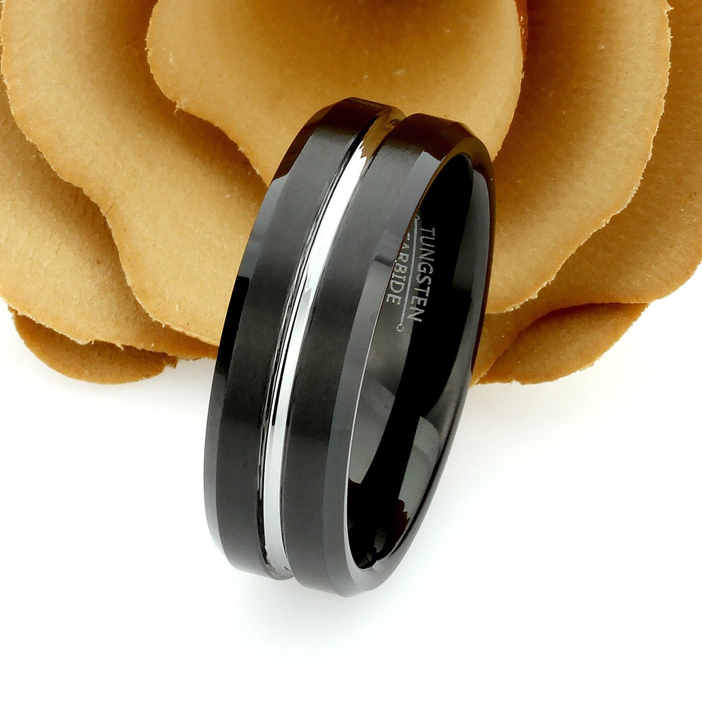 His And Hers Tungsten Wedding Band Set,Men & Women,8mm,6mm,Two Tone Grooved Black Tungsten Carbide Ring, Promise Ring For Couple, Wood Box