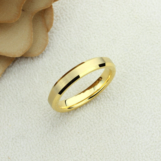 Tungsten Wedding Band Women, Tungsten Ring Women, 4mm Matte Center Gold Beveled Tungsten Carbide Ring,Tungsten Ring,Womens Promise Ring