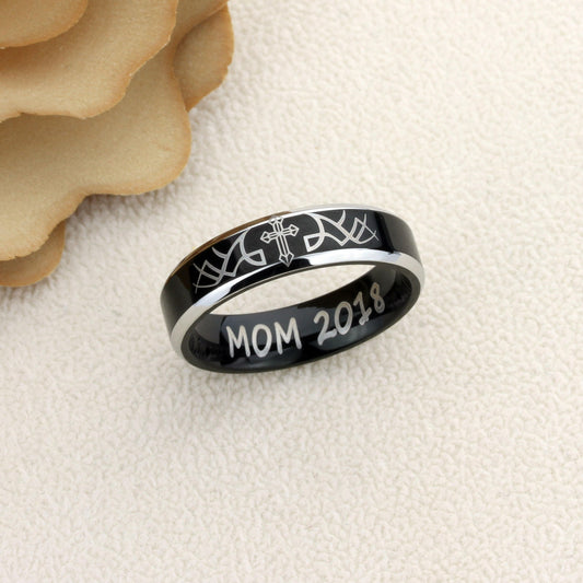 Stainless Steel Wedding Band Men Women, 6mm Thorn With Cross Beveled Edges, Black Stainless Steel Ring, Stainless Steel Band