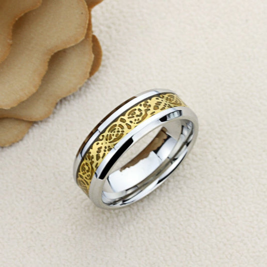 Stainless Steel Wedding Band Men Women, 8mm Yellow Tone Inlay Celtic Dragon, Stainless steel Promise Ring Men Women, Stainless Steel Band