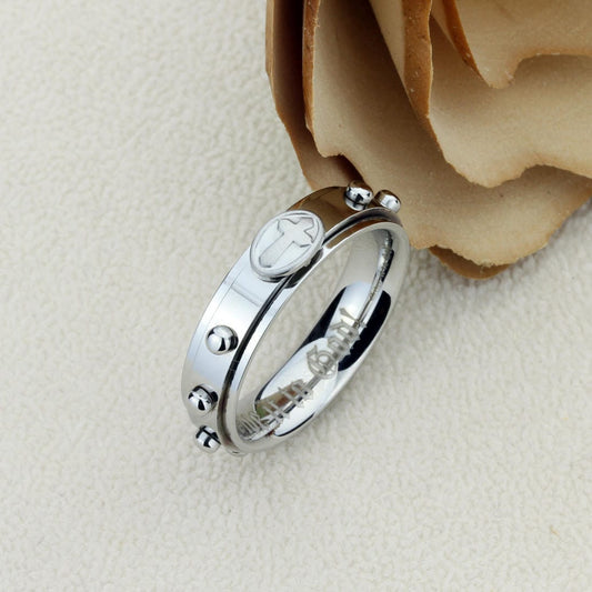 Anxiety Healing Spinner Ring, Stainless Steel Wedding Band Men Women, 6mm Cross Rosary Ring, Stainless steel Promise Ring Men Women