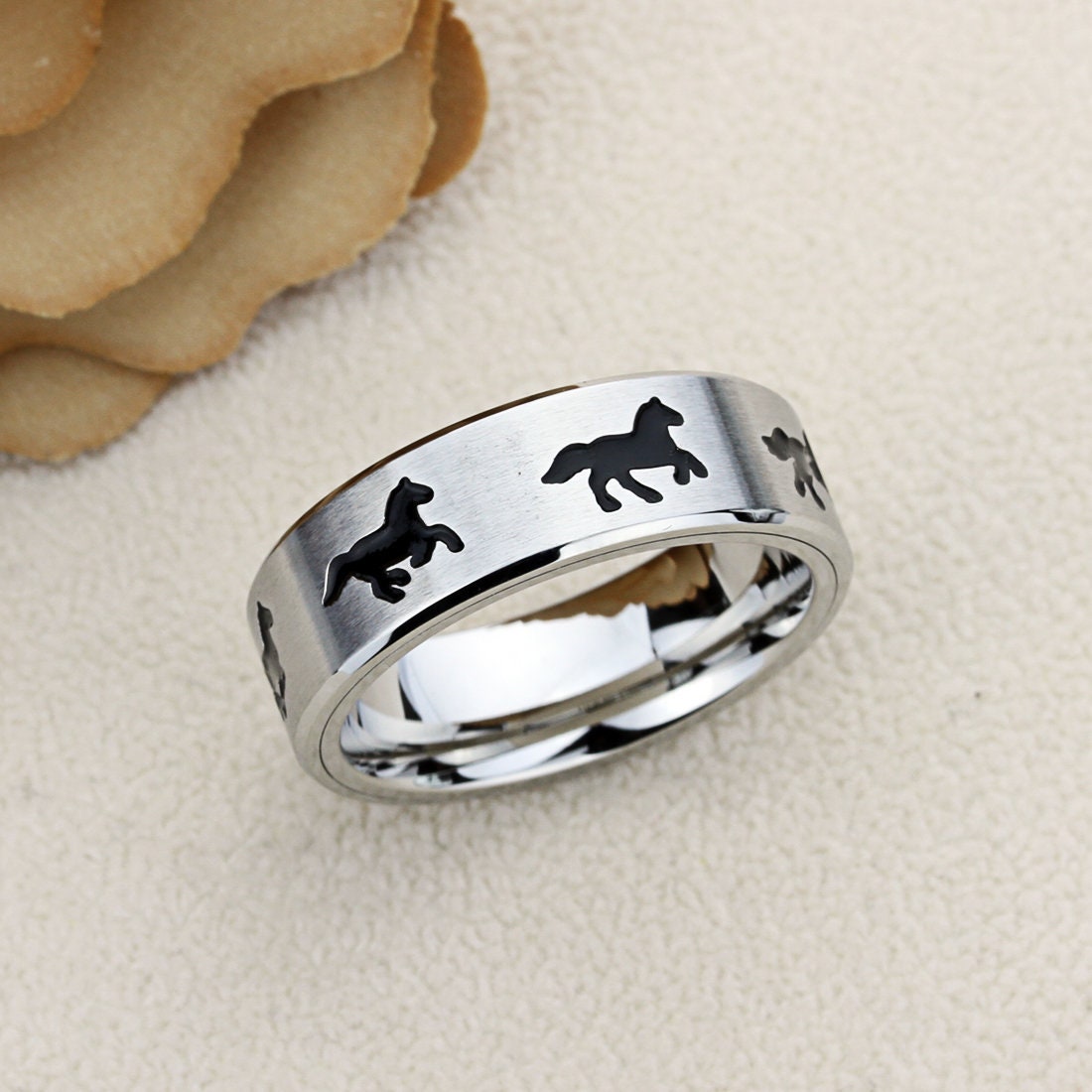 Stainless Steel Wedding Band Men Women, Galloping Horse Band, Stainless steel Promise Ring Men Women, Stainless Steel Band Ring