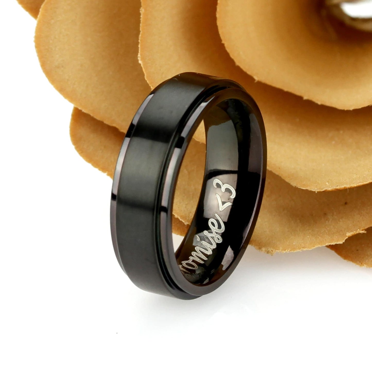Promise Ring Titanium Wedding Band Ring Men Women Unisex 6mm Matte Center Black Ring Inside Engraving