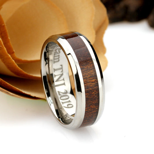 Titanium Wedding Band Men Women, 8mm Hawaiian Koa Wood Inlay Beveled Edges, Titanium Promise Ring Men Women