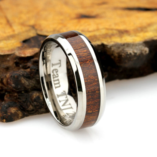 Titanium Wedding Band Men Women, 8mm Hawaiian Koa Wood Inlay Beveled Edges, Titanium Promise Ring Men Women