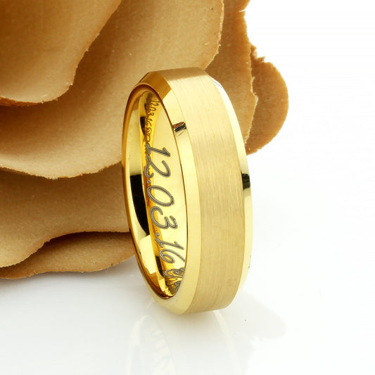 Matte Gold Tungsten Wedding Band Men, Custom Engraving 6mm Beveled Tungsten Ring Men, Tungsten Carbide Mens Promise Ring, Husband Gift