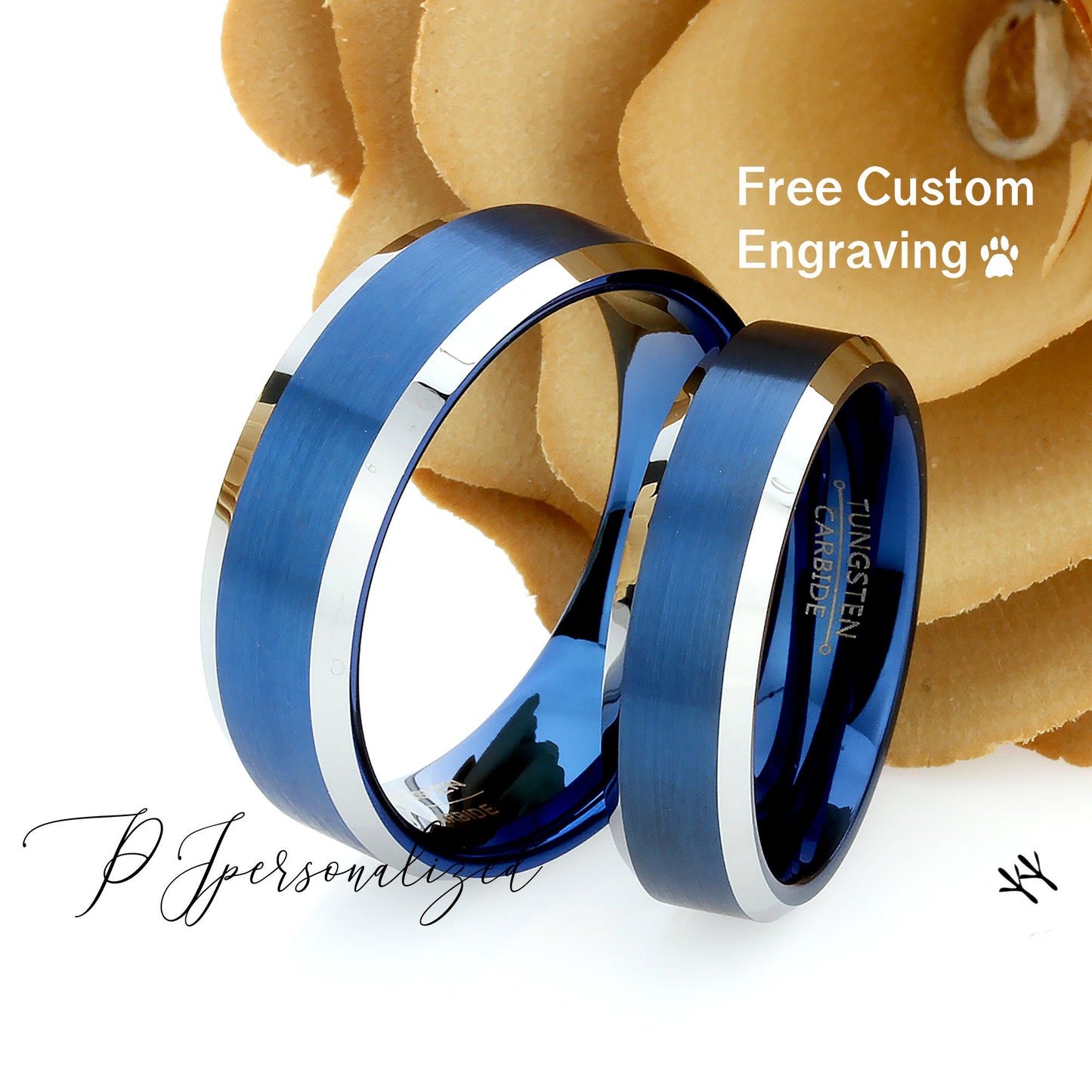 His And Hers Tungsten Wedding Band Set,Men & Women,8mm,6mm,Blue Beveled Ring,Blue Tungsten Carbide Ring, Promise Ring For Couple