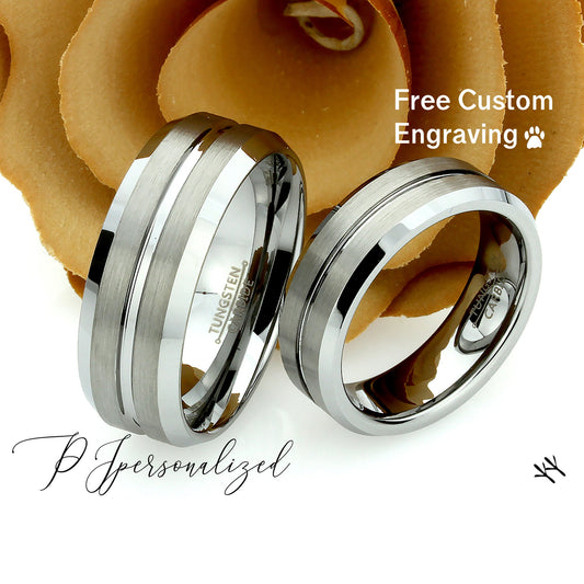 His And Hers Tungsten Wedding Band Set,Men & Women,9mm,7mm,Grooved Matte Ring,Tungsten Carbide Ring, Promise Ring For Couple, Couple Gift