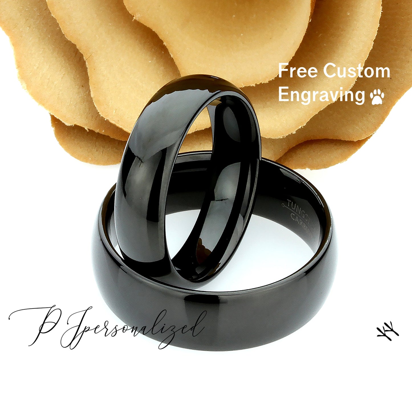 His And Hers Tungsten Wedding Band Set, Men & Women, 8mm, 6mm, Black Domed, Black Tungsten Carbide Ring, Promise Ring For Couple, Wood Box