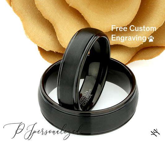 His And Hers Black Tungsten Wedding Band Set,Men & Women,8mm,6mm,Matte Domed,Black Tungsten Carbide Ring, Promise Ring For Couple