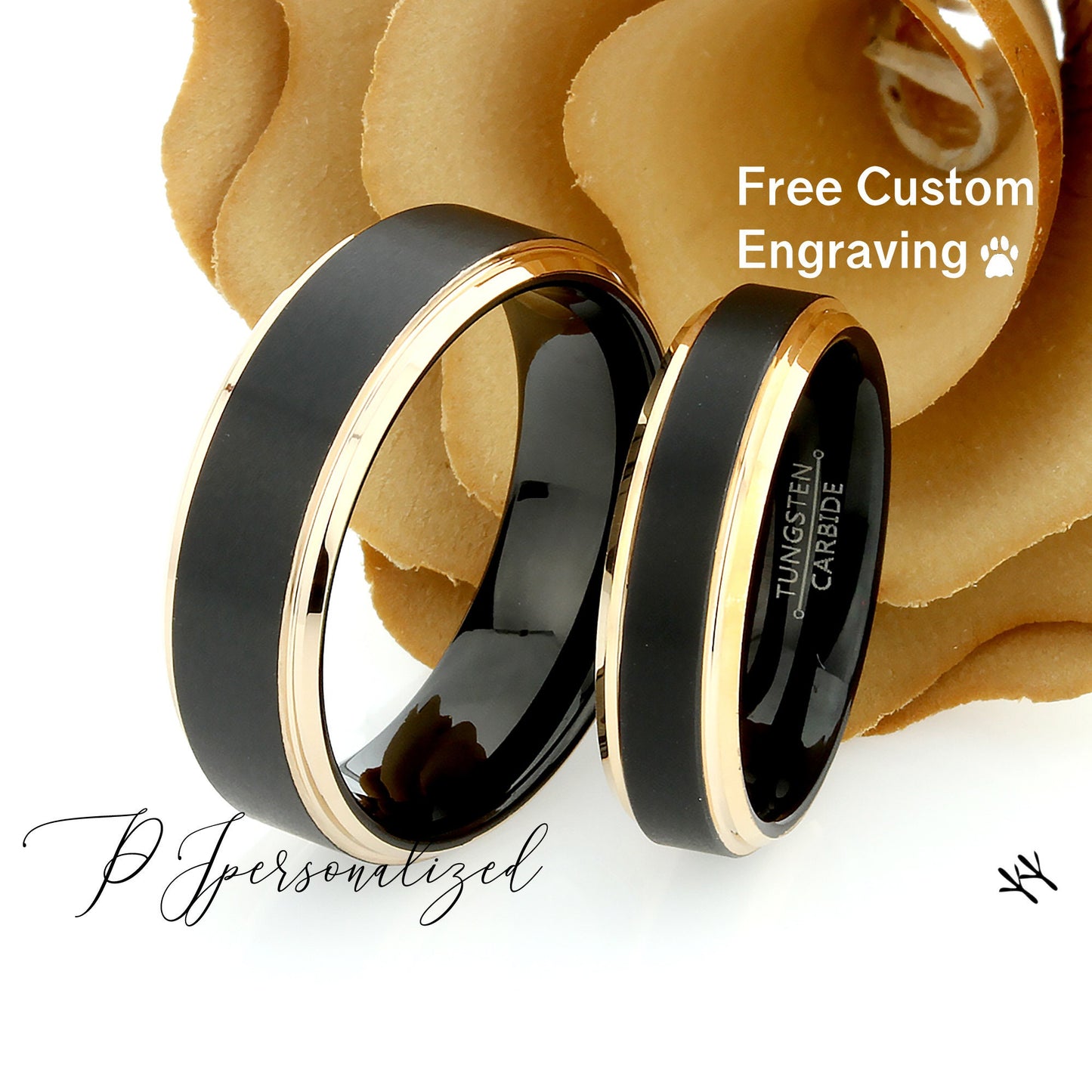 His And Hers Tungsten Wedding Band Set,8mm,6mm,Black & Rose Gold Tone Edges,Tungsten Carbide Ring, Promise Ring For Couple, Couple Gift