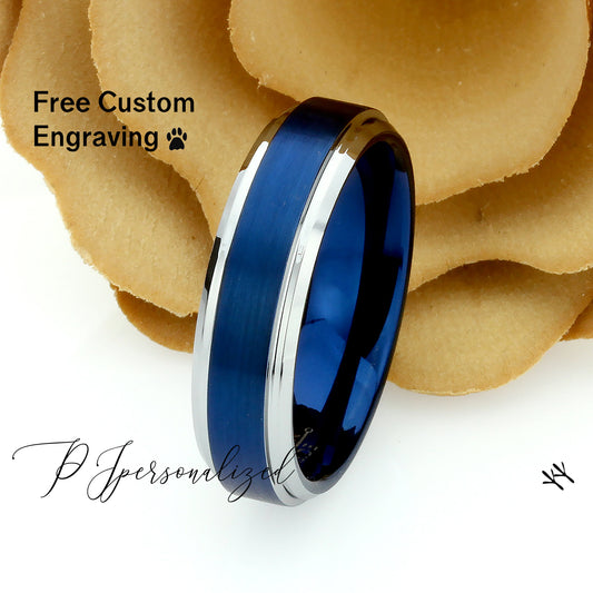 Tungsten Wedding Band Women, Tungsten Ring Women, 6mm Matte Center Blue Tungsten Carbide Ring,Tungsten Promise Ring,Womens Promise Ring