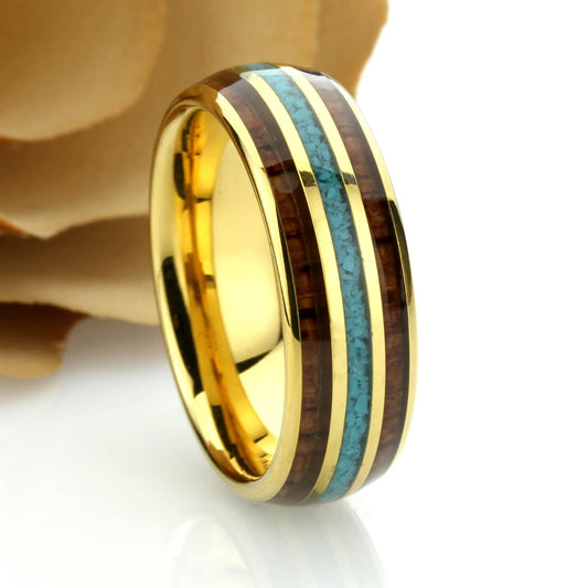 8mm Tungsten Wedding Band Men Gold, Koa Wood Turquoise Inlay Tungsten Ring, Tungsten Promise Ring For Men Mens Tungsten Wedding Band Ring