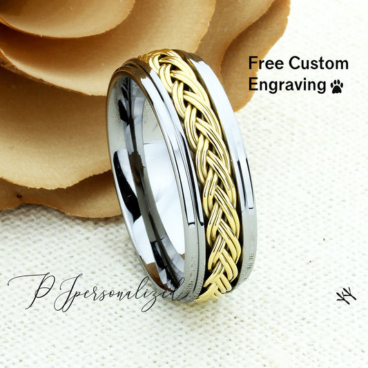 Mens Wedding Band Tungsten,Mens Tungsten Ring,8mm,Gold Plated Braided Inlay,Engagement Ring,Promise Ring, Rings for Men, Husband Gift