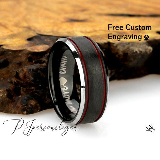 Tungsten Ring, Men's Tungsten Wedding Band, Men's Black Wedding Band, 6mm/8mm Black Textured Red Lines Tungsten Ring Band, Anniversary Ring