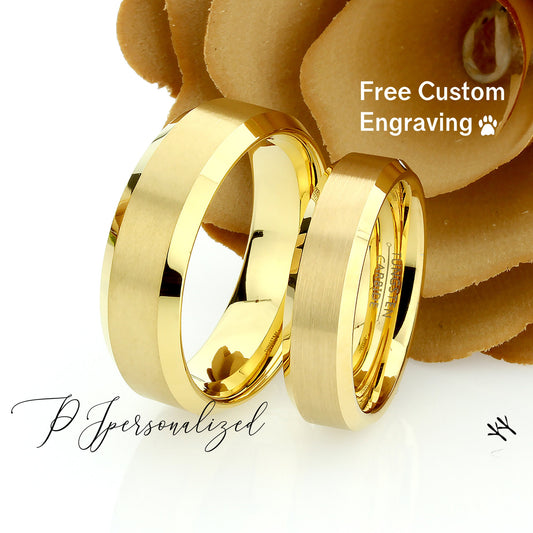 His And Hers Tungsten Wedding Band Set,Men & Women,8mm,6mm,Yellow Gold Beveled Ring,Tungsten Carbide Ring, Promise Ring For Couple