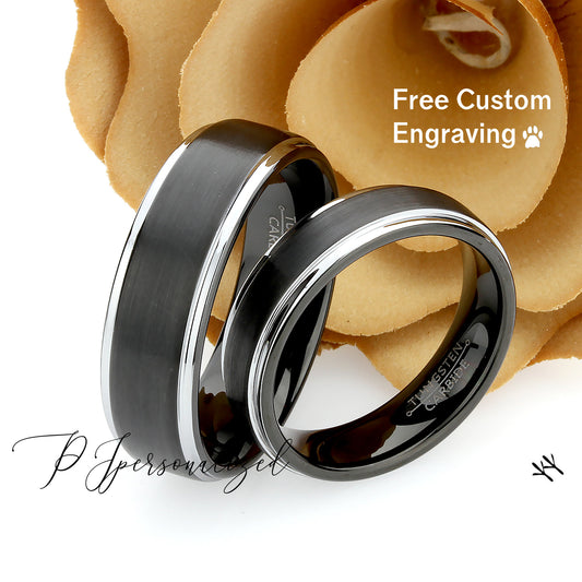 His And Hers Tungsten Wedding Band Set,Men & Women,8mm,6mm,Matte Black Top,Black Tungsten Carbide Ring, Promise Ring For Couple