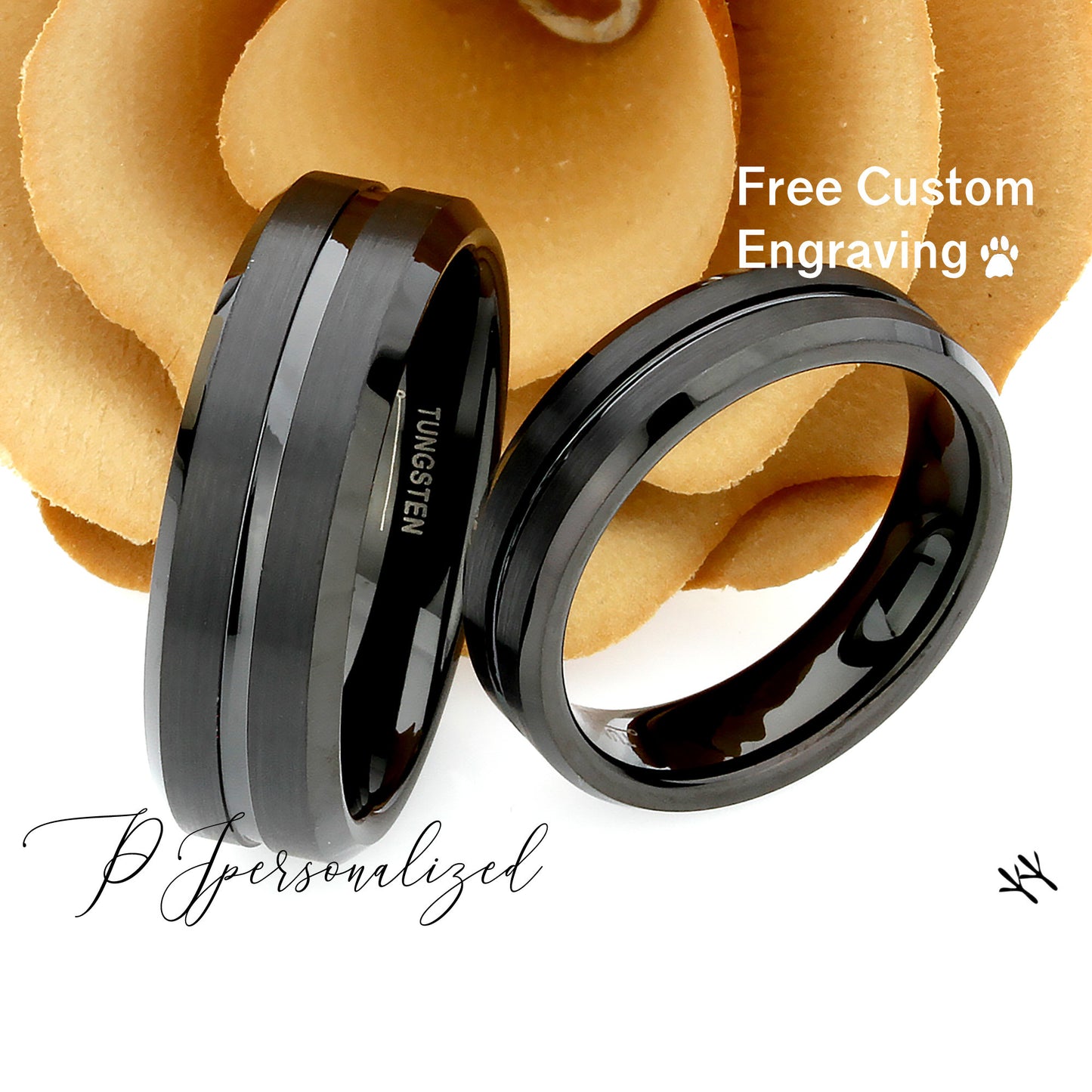 His And Hers Tungsten Wedding Band Set,Men & Women,8mm,6mm,Grooved Center,Black Tungsten Carbide Ring, Promise Ring For Couple, Wood Box