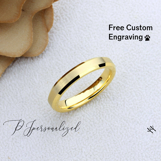 Tungsten Wedding Band Women, Tungsten Ring Women, 4mm Matte Center Gold Beveled Tungsten Carbide Ring,Tungsten Ring,Womens Promise Ring