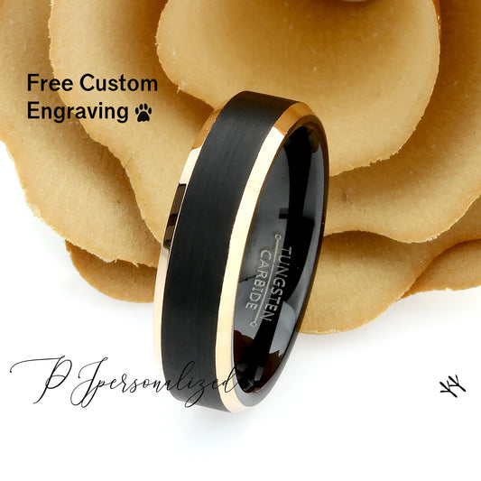 Tungsten Ring, Men's Tungsten Wedding Band, Women's Black Wedding Band Rose Gold Edges, Black Tungsten Ring, Anniversary Ring, 6mm