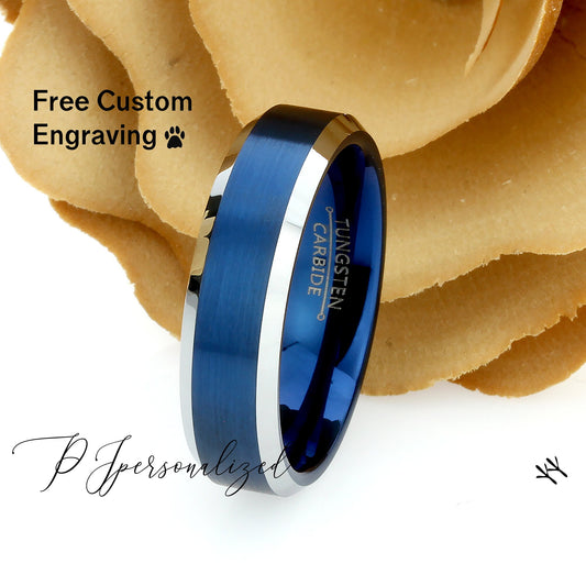 Tungsten Wedding Band Women, Tungsten Ring Women, Blue,6mm Blue Beveled Ring Tungsten Carbide Ring,Tungsten Ring,Womens Promise Ring