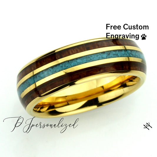 8mm Tungsten Wedding Band Men Gold, Koa Wood Turquoise Inlay Tungsten Ring, Tungsten Promise Ring For Men Mens Tungsten Wedding Band Ring