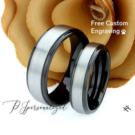 His And Hers Tungsten Wedding Band Set, 8mm, 6mm, Black & Matte Gunmetal Tungsten Ring, Promise Ring For Couple, Couple Gift