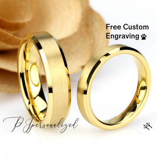 His And Hers Tungsten Wedding Band Set,Men & Women,6mm/4mm,Yellow Gold Beveled Ring,Tungsten Carbide Ring, Promise Ring For Couple