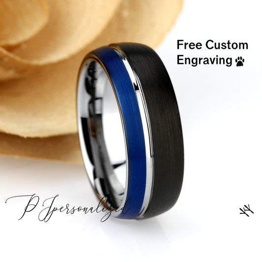 Tungsten Ring, Men's Tungsten Wedding Band, Men's Black Wedding Band, Black Tungsten Ring, Tungsten Band, Anniversary Ring, 8mm Blue Ring