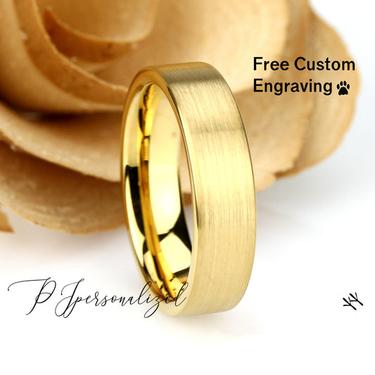 Tungsten Ring, Men's Tungsten Wedding Band, Men's Yellow Gold Wedding Band, Tungsten Ring, Band, Anniversary Ring, 6m Brushed Flat Ring