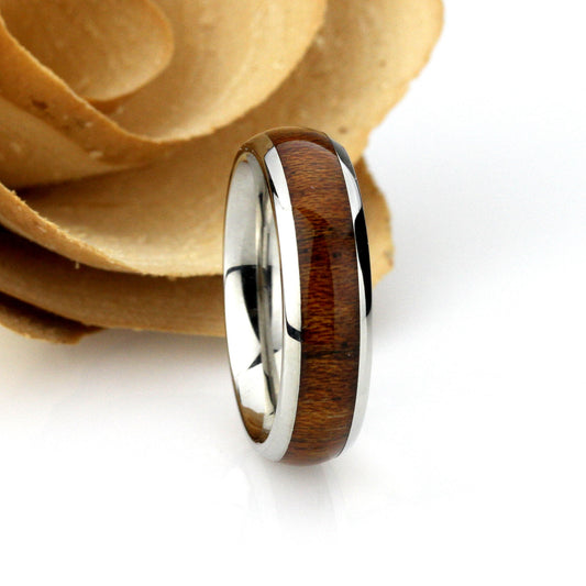 Stainless Steel Wedding Band Men Women, 6mm Wood Inlay Band, Stainless steel Promise Ring Men Women, Stainless Steel Band Ring
