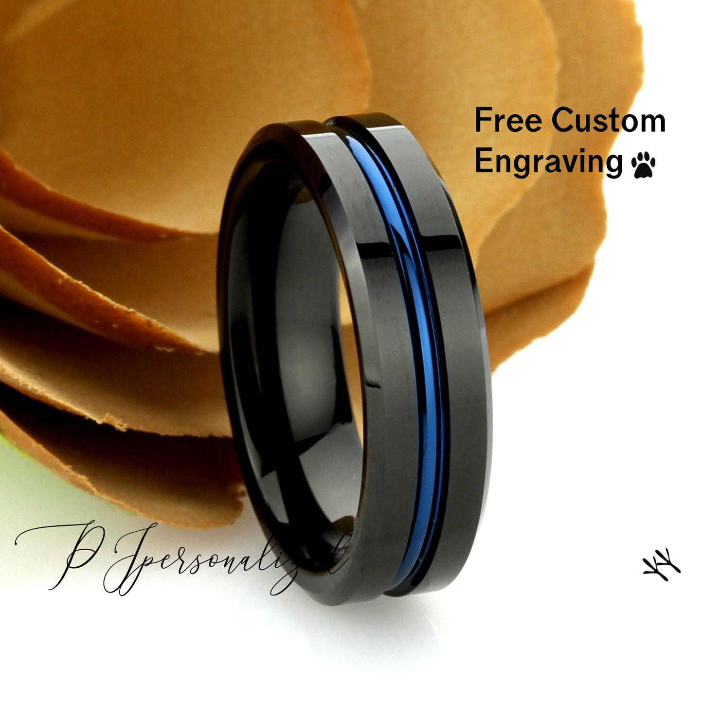 His And Hers Tungsten Wedding Band Set,Men & Women,8mm,6mm, Blue Line Grooved Black Tungsten Carbide Ring, Promise Ring For Couple, Wood Box