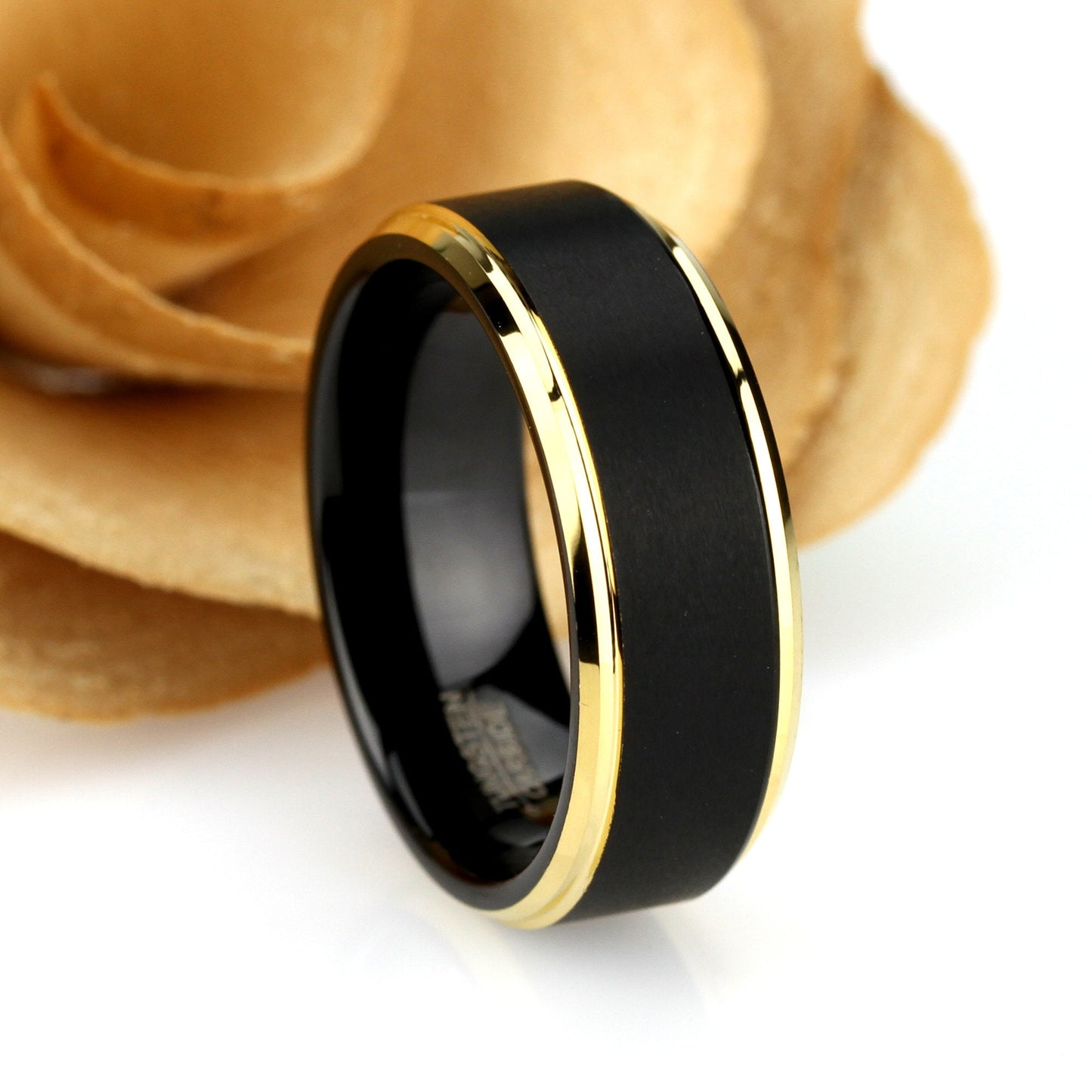 His And Hers Tungsten Wedding Band Set,8mm,6mm,Black & Gold Beveled Edges, Tungsten Carbide Ring, Promise Ring For Couple, Wood Box