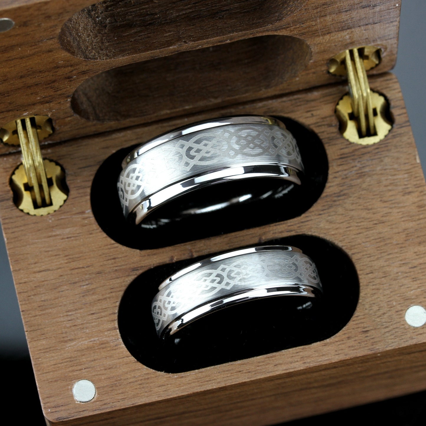 His And Hers Tungsten Wedding Band Set,Men & Women,9mm,7mm,Irish Celtic Knot Pattern,Tungsten Carbide Ring, Promise Ring, Wood Box