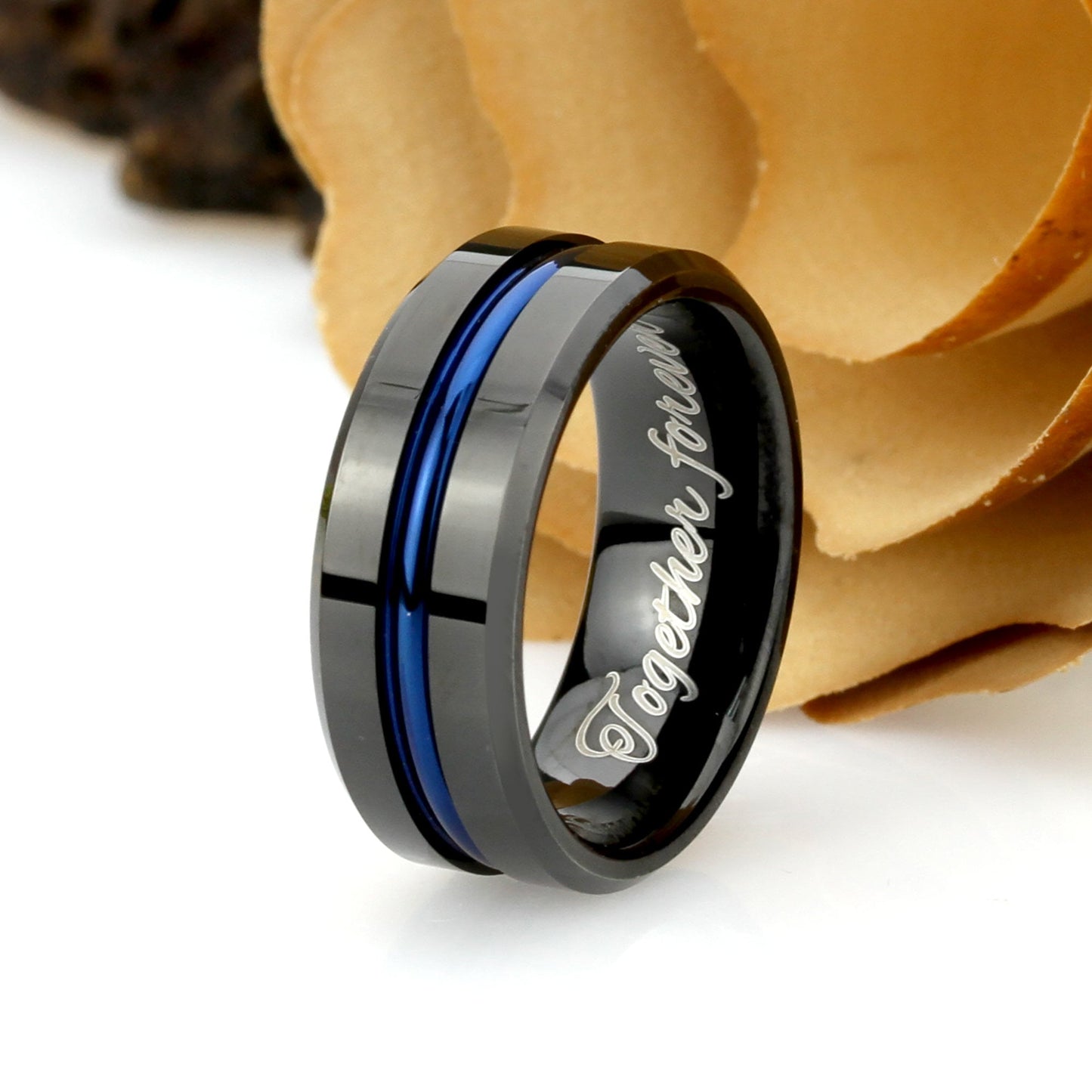 His And Hers Tungsten Wedding Band Set,Men & Women,8mm,6mm, Blue Line Grooved Black Tungsten Carbide Ring, Promise Ring For Couple, Wood Box