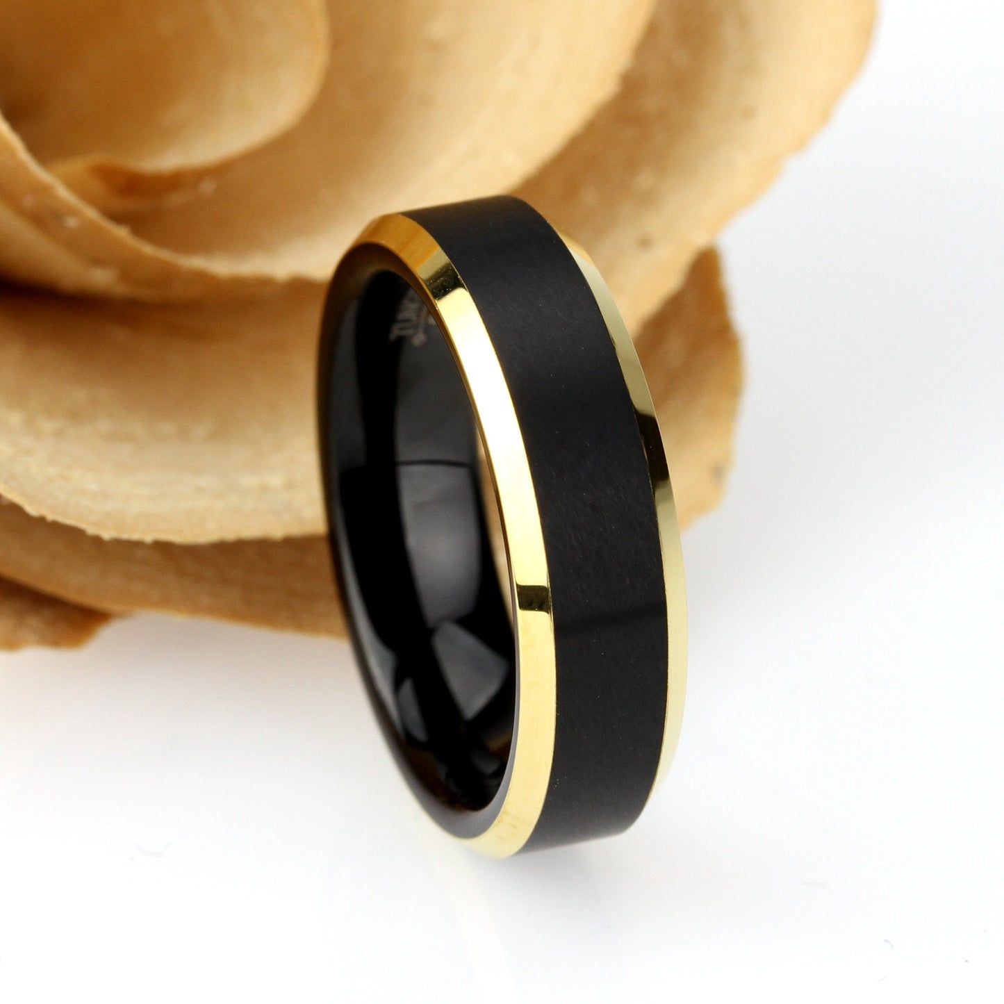 His And Hers Tungsten Wedding Band Set,8mm,6mm,Black & Gold Beveled Edges, Tungsten Carbide Ring, Promise Ring For Couple, Wood Box