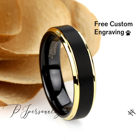 Tungsten Ring, Women's Tungsten Wedding Band, Women's Black & Gold Wedding Band, Black Tungsten Ring Band, Anniversary Ring, 6mm Ring