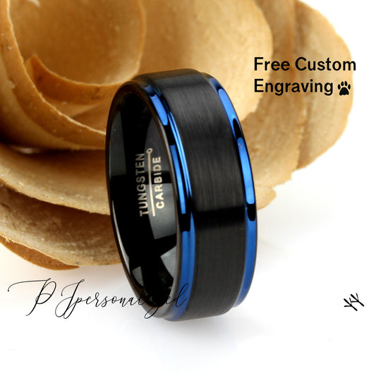 Tungsten Ring, Men's Tungsten Wedding Band, Men's Black Wedding Band, Black Tungsten Ring, Tungsten Band, Anniversary Ring, 8mm Black Blue