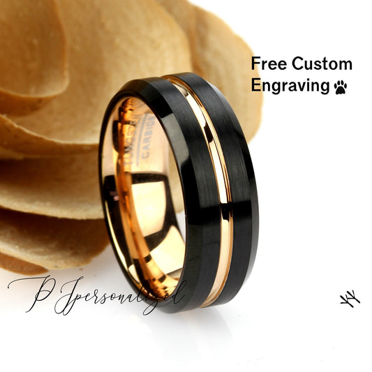 8mm Tungsten Wedding Band Men Black Rose Gold, Sand Brushed Black Tungsten Ring For Men Grooved Center, Tungsten Promise Ring For Men