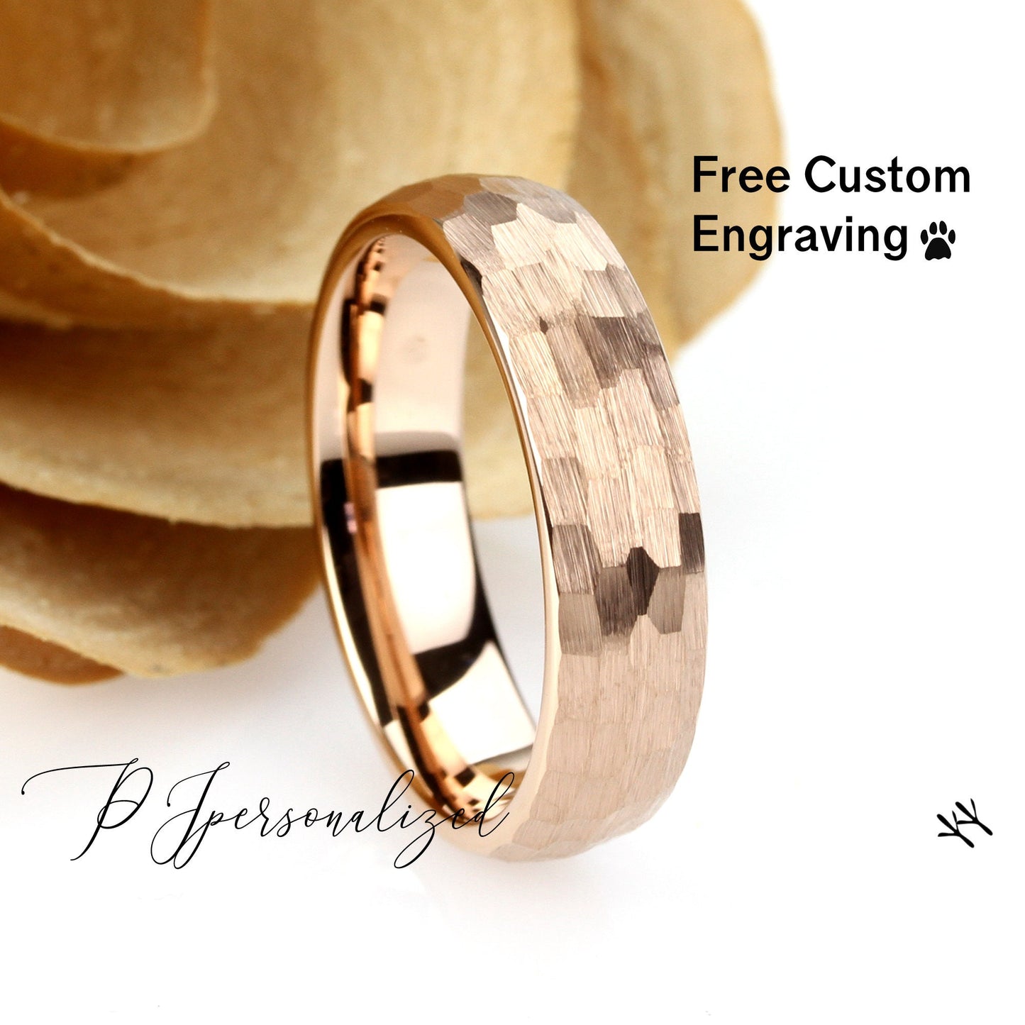 His And Hers Tungsten Wedding Band Set, 8mm 6mm, Hammered Center Rose Gold Tone Ring, Tungsten Carbide Ring, Promise Ring For Couple