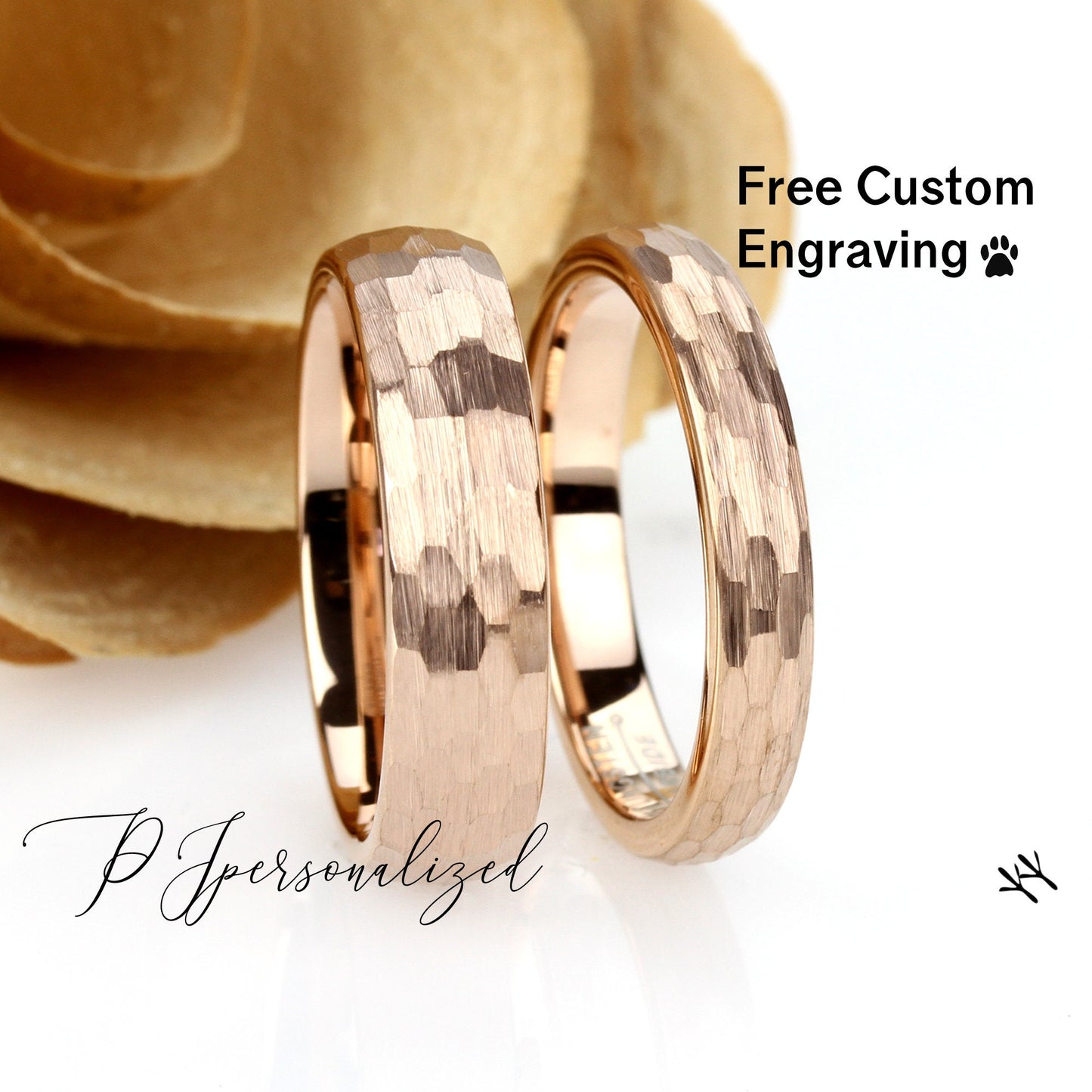 His And Hers Tungsten Wedding Band Set, 6mm 4mm, Hammered Center Rose Gold Tone Ring, Tungsten Carbide Ring, Promise Ring For Couple