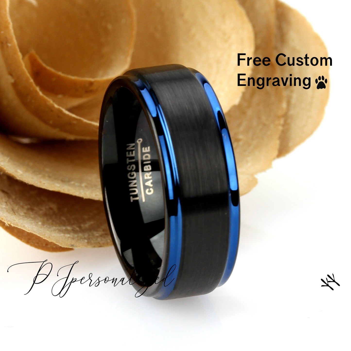 His And Hers Tungsten Wedding Band Set Black Blue, 8mm 6mm, Brushed Black Blue Tungsten Carbide Ring, Promise Ring For Couple, Wood Box